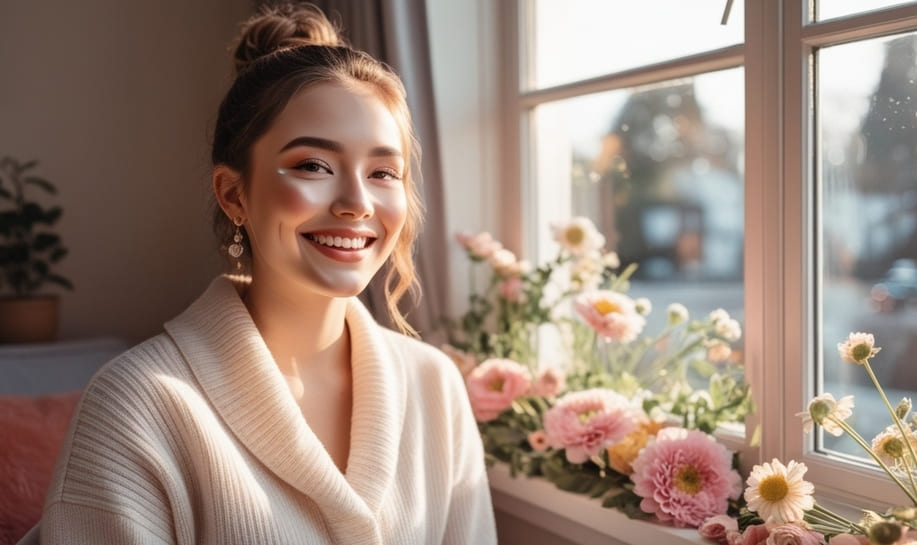 Glow Up Feminino, descubra 10 dicas que vai te fazer florescer de dentro para fora, imagem de uma mulher sorrindo, sentada perto de uma janela rodeada de flores lindas.