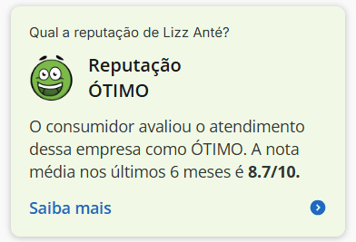 Lizz Ante SOS Crescimento Reclame Aqui, imagem da nota do produto no reclama aqui, com a reputação ótima.