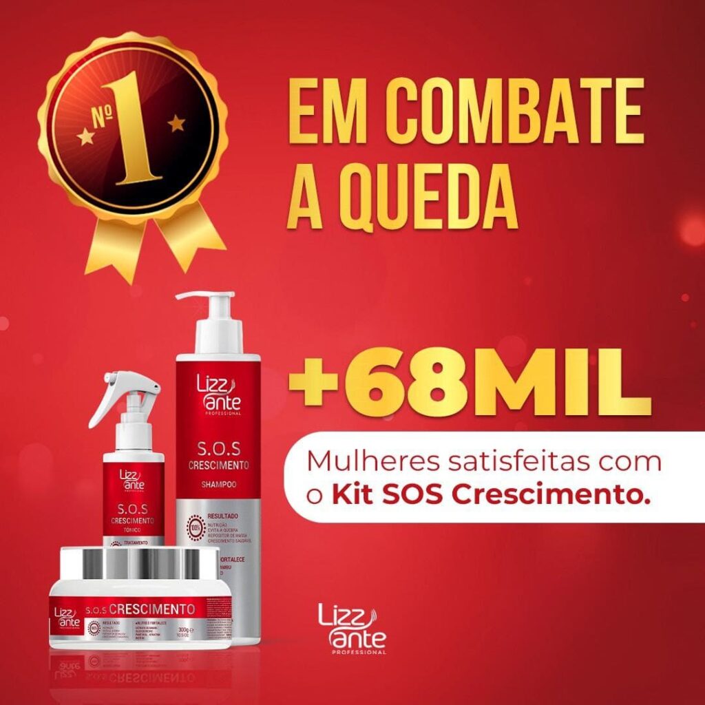 O que é o Lizz Ante S.O.S Crescimento? Banner com kit com shampoo, mascara, tônico, número 1 em combate a queda e crescimento capilar.