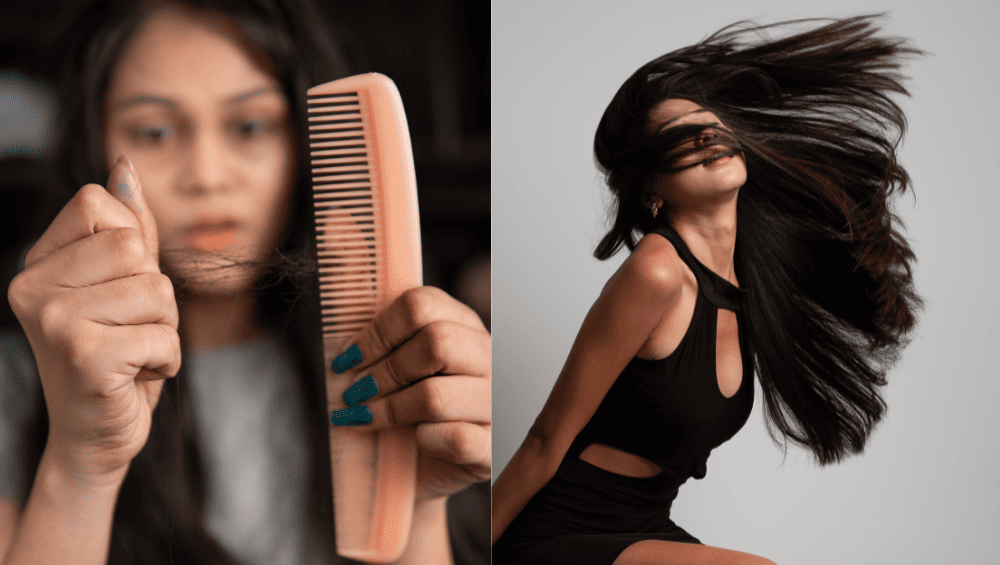 Por que escolher o SOS Crescimento, montagem de uma mulher tirando cabelos do pente e outra mulher com cabelos volumosos e longos.