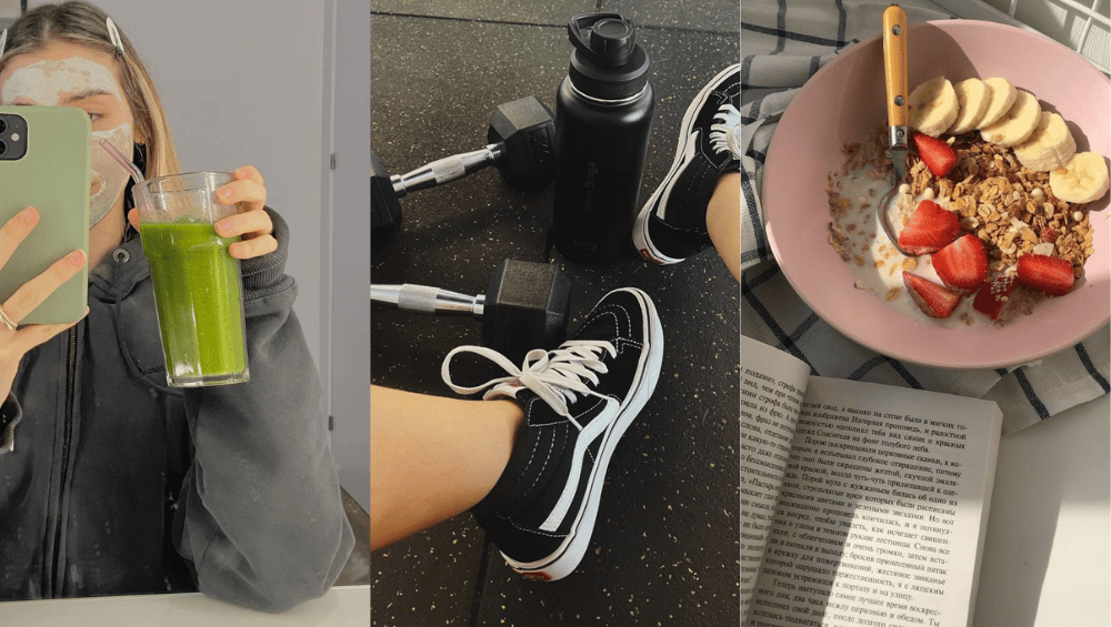 Dicas de Autocuidado Feminino: Saiba como é importante praticar o autocuidado.
Montagem de imagem em tres partes, uma mulher tomando um suco verde, outra sentada com alguns equipamentos do lado de treino e outra lendo um livro e comendo frutas com granola e iogurte.