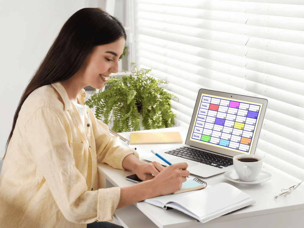Como Ter Um Dia Produtivo - Priorize Tarefas Que Realmente Importam Como Ter Um Dia Produtivo - Priorize Tarefas Que Realmente Importam - mulher sentada, fazendo anotações em seu bloco de notas, com um caderno, um notebook sobre a mesinha e um café.
