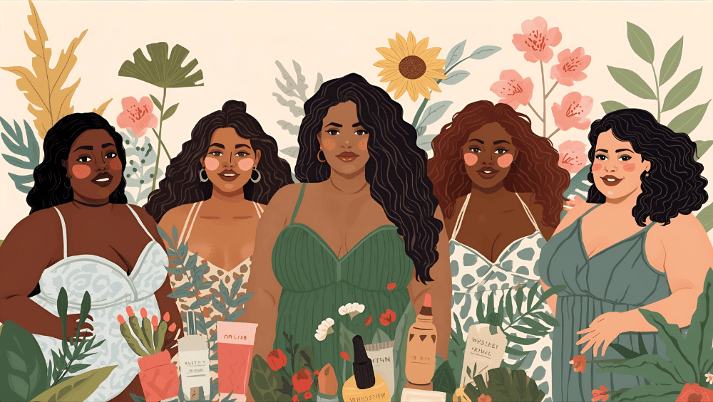Cuidados com a Pele Orgânicos - Conheça Seu Tipo de Pele Antes de Escolher os Produtos - imagem de mulheres diferentes com diferente tipos de pele em meio a flores, trazendo um ar leve de autocuidado.