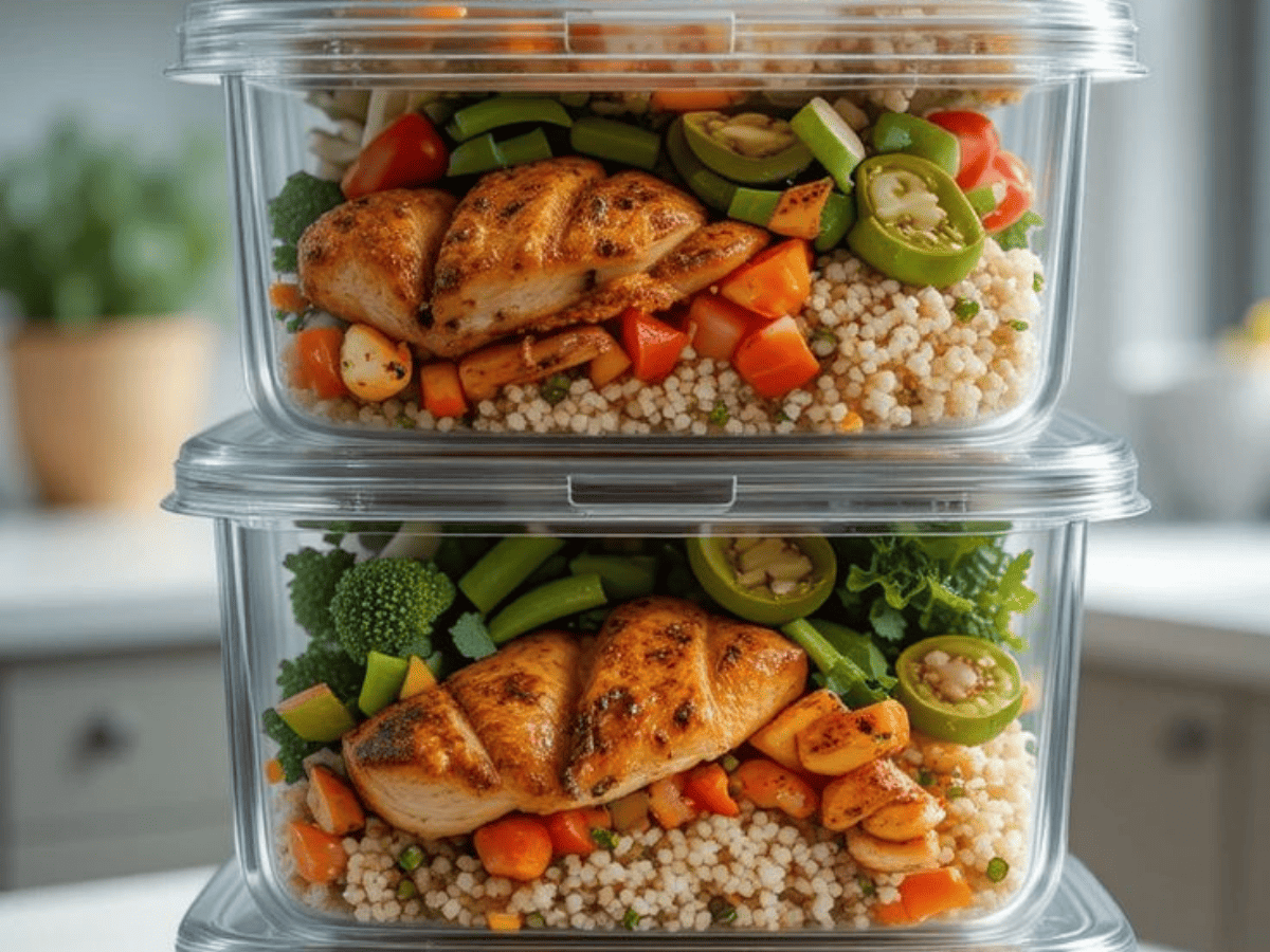 Marmita fit como fazer 7 Passos Para Fazer Marmitas Saudáveis e Deliciosas em Casa - imagem de uma marmita de vidro com uma comida deliciosa dentro, fit e colorida.