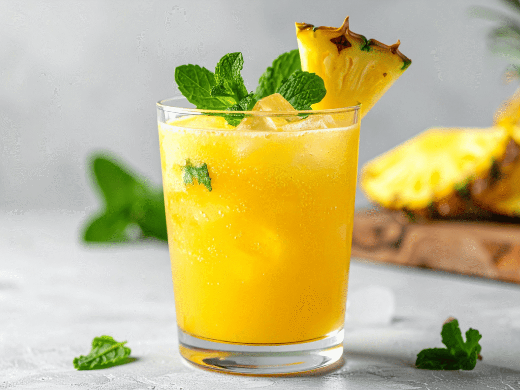 O Que Beber Para Desinflamar o Corpo - Suco de Abacaxi com Hortelã - copo com suco de abacaxi e hortela