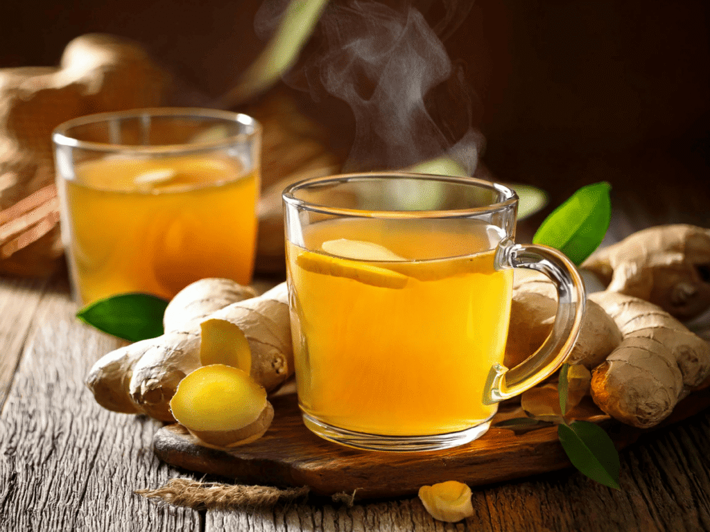 O Que Beber Para Desinflamar o Corpo - cha de gengibre - duas xicaras de cha de gendibre rodeado de gengibre bem quente