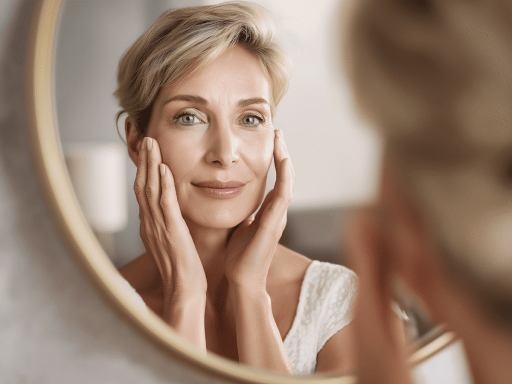 O Que Quer Dizer a Expressão Glow Up - Comece pelo autocuidado O Que Quer Dizer a Expressão Glow Up - Comece pelo autocuidado - imagem de uma linda mulher de uns 40 anos, se olhando no espelho e se amando