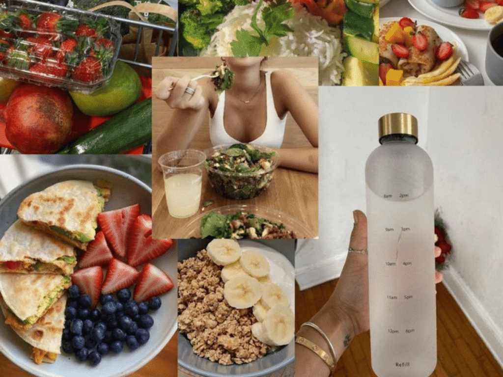 Unhas Fortes e Bonitas - A Base de Tudo Alimentação e Hidratação Unhas Fortes e Bonitas - A Base de Tudo Alimentação e Hidratação - imagem com comidas saudáveis e agua para se hidratar