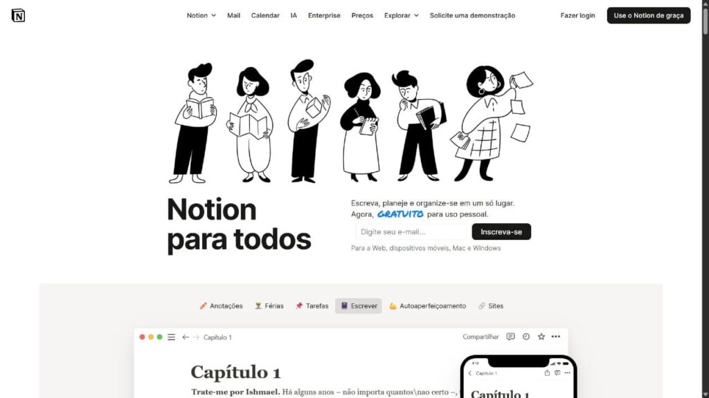 Screenshot da página inicial do Notion, com o título 'Notion para todos' e ilustrações de pessoas. A interface do software mostra um capítulo de texto e o uso mobile, destacando o app como um 'Segundo Cérebro' para anotações e ideias.