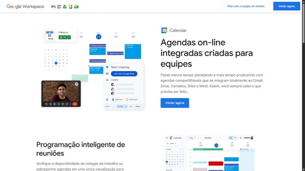"Screenshot da página do Google Agenda (Google Calendar) sob o título 'Agendas on-line integradas criadas para equipes'. A imagem exibe a interface do calendário, integração com Google Meet e funcionalidades para programação inteligente de reuniões e agendamento impecável.