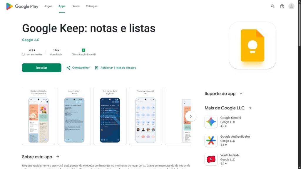 Screenshot da página do Google Keep na Google Play Store. A imagem mostra a interface do app de notas e listas rápidas com lembretes visuais, ideal para captura ágil de ideias e organização imediata da rotina.