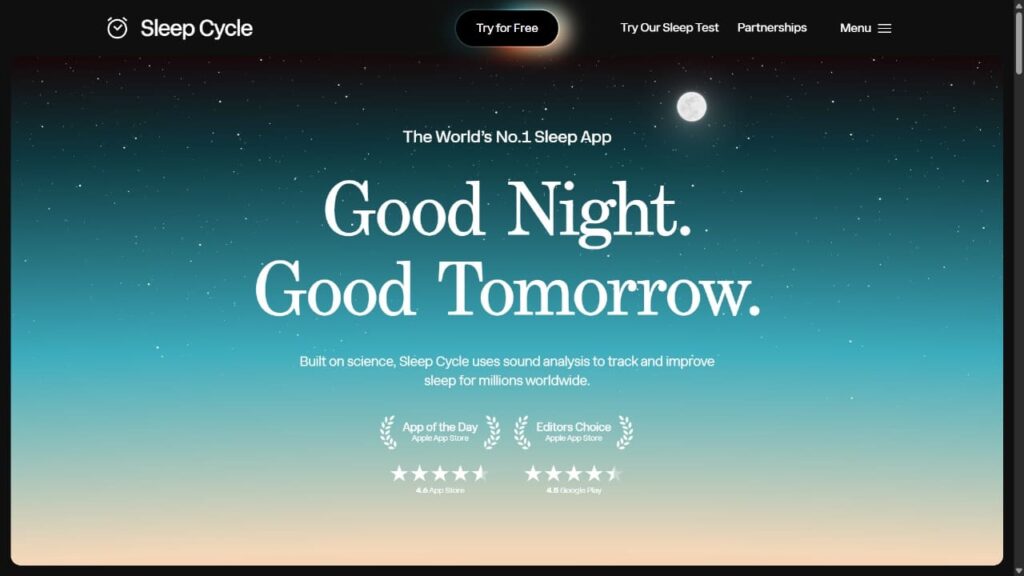 Screenshot da página inicial do aplicativo Sleep Cycle, com o slogan 'Good Night. Good Tomorrow.' A imagem noturna, com céu estrelado e lua, destaca o app como rastreador de sono para melhorar a qualidade do descanso e otimizar a rotina matinal.