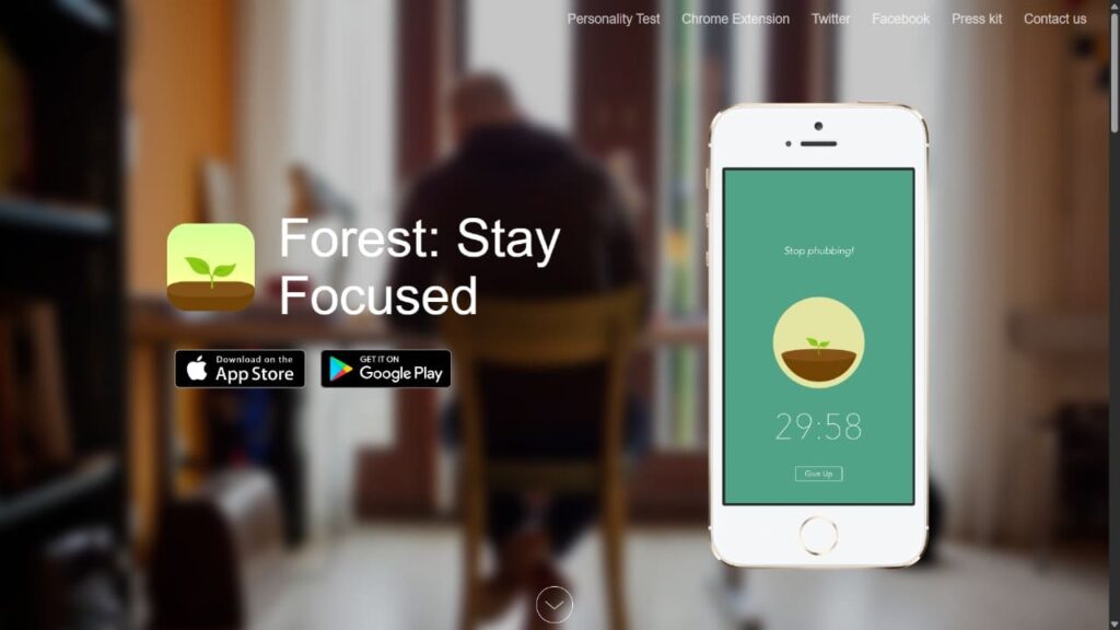 Screenshot do aplicativo Forest (Forest: Stay Focused), exibindo um cronômetro de 29:58 minutos e uma pequena planta, simbolizando o método Pomodoro. A imagem destaca o uso do app para foco extremo e combate à distração, ajudando a organizar a rotina.