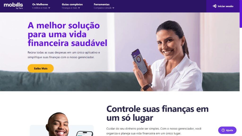 Screenshot da página inicial do Mobills, com a frase 'A melhor solução para uma vida financeira saudável'. A imagem mostra uma mulher sorrindo e usando o aplicativo de gerenciamento financeiro no celular, simbolizando o controle e a organização das finanças na rotina.