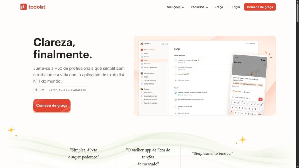 "Screenshot da página inicial do aplicativo Todoist: "Clareza, finalmente." Interface do gerenciador de tarefas, mostrando a organização de tarefas e projetos em desktop e mobile para alta produtividade.