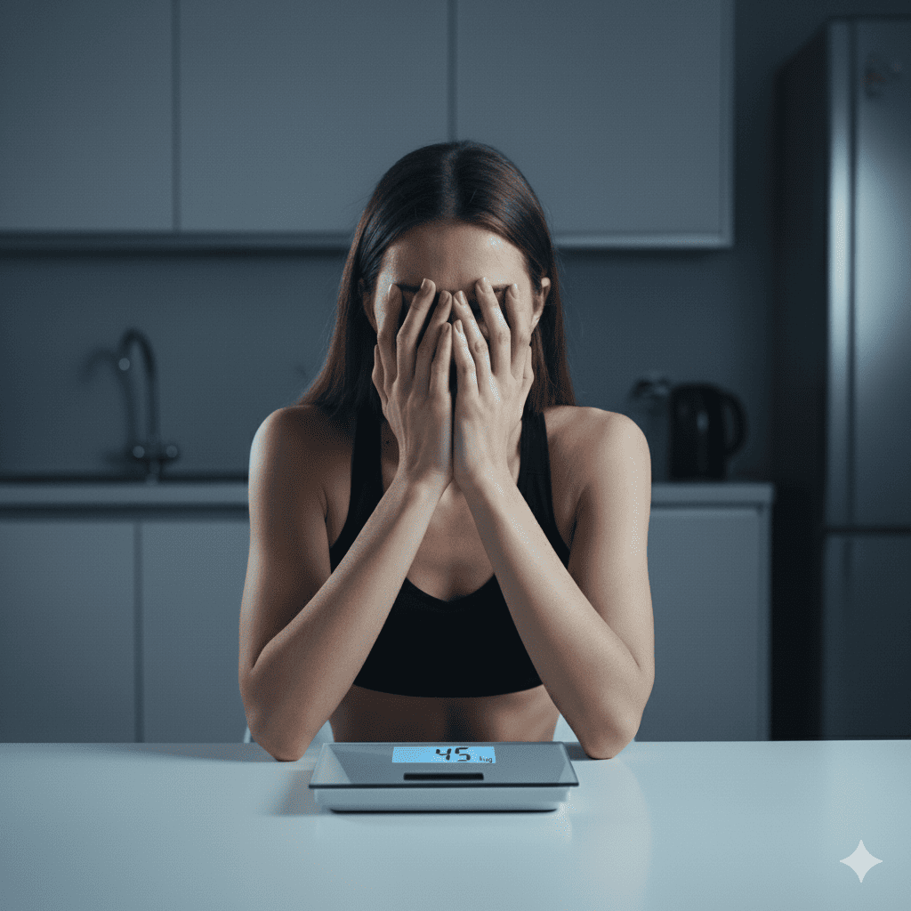Uma imagem sombria e introspectiva de uma mulher jovem, de pele clara, sentada em uma mesa de cozinha moderna e escura, vestindo um top esportivo. Ela cobre o rosto com as mãos em um gesto de frustração ou angústia. Na frente dela, sobre a mesa branca, há uma balança digital de cozinha exibindo o peso de "45 kg" em azul brilhante, simbolizando a dificuldade e a dor de não conseguir ganhar peso.