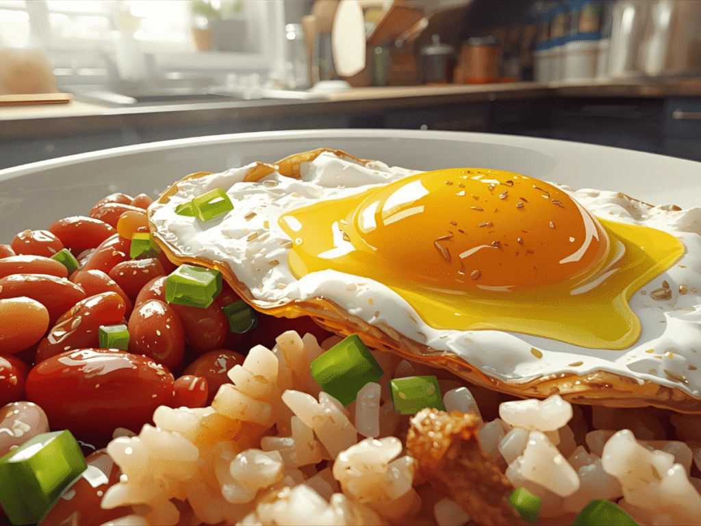 Uma imagem em close-up e com foco nítido de um prato de "Arroz com Feijão e Ovos Fritos no Azeite". O prato mostra uma porção de feijão vermelho ou carioca brilhante e suculento, ao lado de arroz soltinho, ambos salpicados com cebolinha verde picada. Um ovo frito perfeitamente, com a gema grande e vívida, repousa sobre a refeição, destacando o azeite na gema e a textura úmida do feijão. A luz é clara, realçando a suculência e o frescor dos ingredientes.