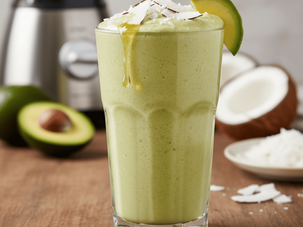 Uma foto com um copo de vidro grosso com uma batida (smoothie) verde-clara, rica e espessa de abacate e coco. A bebida está decorada com lascas de coco ralado por cima. Ao lado, em uma superfície de madeira clara, estão abacates cortados ao meio e coco fresco, sugerindo a potência calórica e os ingredientes naturais da bebida para ganho de peso.