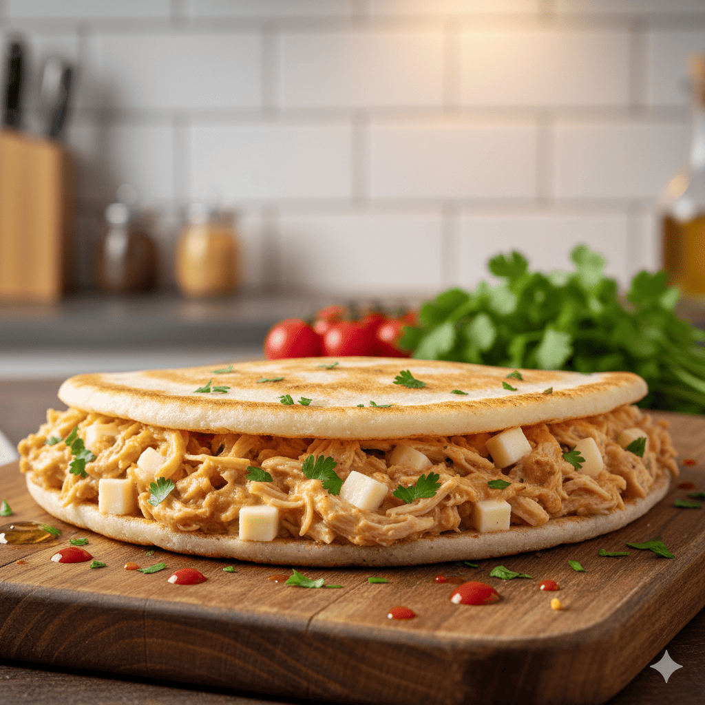 Uma tapioca dobrada, grande e bem recheada, com o interior transbordando frango desfiado cremoso e suculento, misturado com queijo ou requeijão. O recheio está levemente visível, indicando a textura úmida. O prato está sobre uma tábua de madeira clara em um ambiente iluminado, destacando o pão achatado de tapioca e seu recheio proteico.