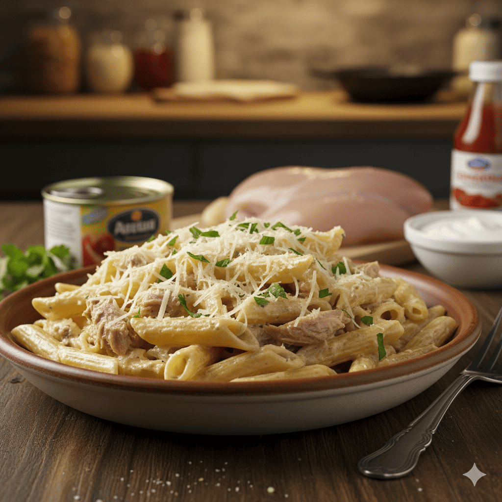 Uma tigela funda e convidativa de macarrão penne ou parafuso, abundantemente coberta com um molho cremoso e rico, misturado com pedaços de frango desfiado ou atum. O prato é finalizado com queijo parmesão ralado e salsa picada, e está apoiado em uma mesa de madeira escura com talheres e um pão de acompanhamento ao lado, destacando uma refeição substancial e de alto teor calórico.