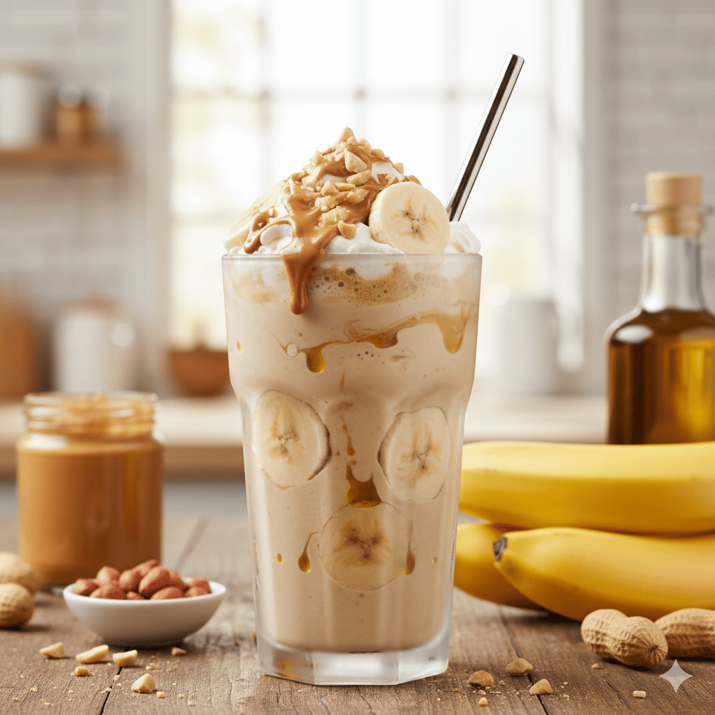 Um copo alto de vitamina (smoothie) de banana e pasta de amendoim, decorado com fatias de banana por dentro, uma cobertura generosa de chantilly, pasta de amendoim derretida e amendoins picados por cima. Um canudo metálico está inserido na bebida. Ao redor, sobre uma mesa de madeira rústica, há um cacho de bananas amarelas, uma garrafa de azeite, um pote de pasta de amendoim e amendoins descascados, destacando os ingredientes chave para a receita hipercalórica.