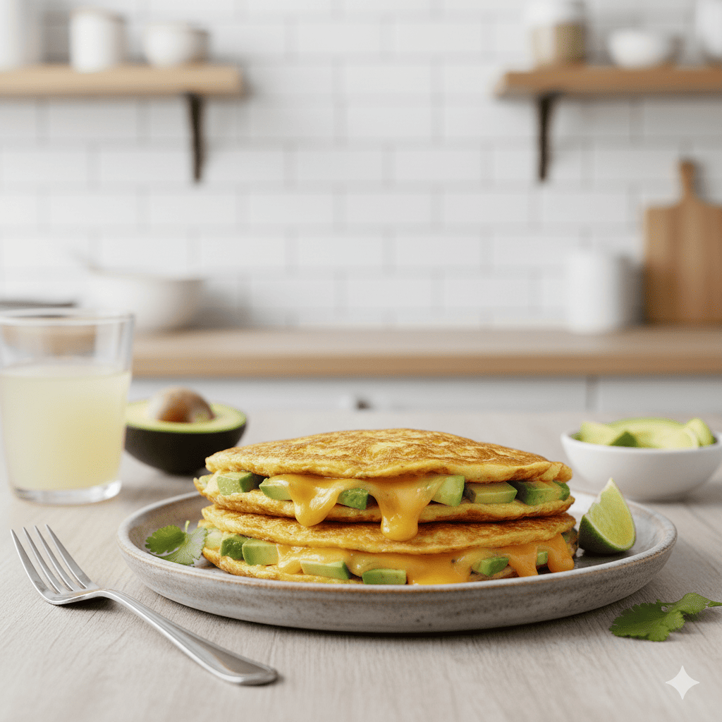 Uma imagem apetitosa de uma omelete dupla (ou fritatta) empilhada em um prato de cerâmica rústico, recheada com queijo derretido e pedaços de abacate fresco. Uma fatia de limão e folhas de coentro decoram o prato. Ao fundo, uma cozinha clara e moderna, com um copo de suco, um abacate cortado e um prato com fatias de abacate. A cena sugere uma refeição saborosa e nutritiva.