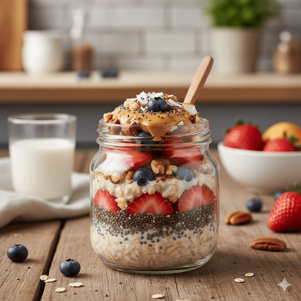 Uma imagem em close-up de um pote de vidro transparente cheio de "Overnight Oats Potente" (aveia dormida). O pote exibe camadas ricas, incluindo aveia, leite (ou iogurte), sementes e uma camada superior de pasta de amendoim cremosa, nozes picadas, sementes de chia e frutas como morangos ou mirtilos. O pote está sobre uma superfície de madeira, sugerindo um café da manhã ou lanche nutritivo e denso em calorias, perfeito para ganho de massa.