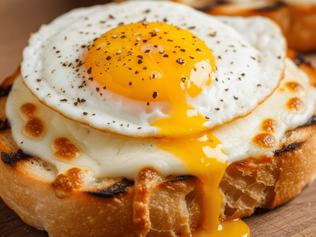 Uma fotografia em close-up de um pão na chapa com crosta dourada e crocante, coberto com queijo mussarela derretido e um ovo frito perfeitamente cozido com a gema mole e brilhante. O queijo está borbulhante e pegajoso, envolvendo parcialmente o ovo. O prato é servido sobre uma tábua de madeira rústica, com iluminação quente e natural, destacando a textura do pão e o contraste entre a gema amarela e a casca marrom-dourada, sugerindo um café da manhã ou lanche hipercalórico.