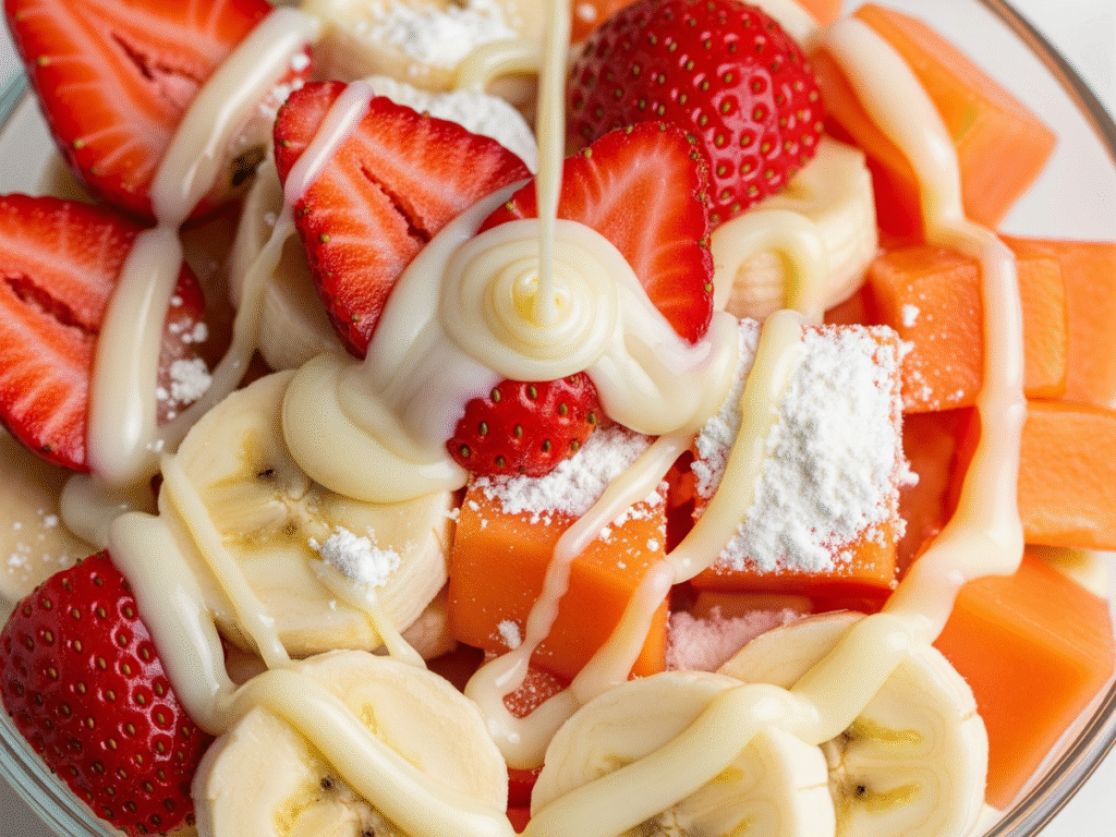 Uma imagem vibrante em close-up, com vista de cima, de uma salada de frutas em uma tigela de vidro transparente. A salada contém uma mistura colorida de frutas como fatias de banana, morangos cortados ao meio e cubos de mamão. Um generoso fio de leite condensado branco e cremoso escorre sobre as frutas, e uma fina camada de leite em pó é polvilhada por cima. A iluminação é brilhante, realçando a cremosidade e o apelo visual da sobremesa calórica.