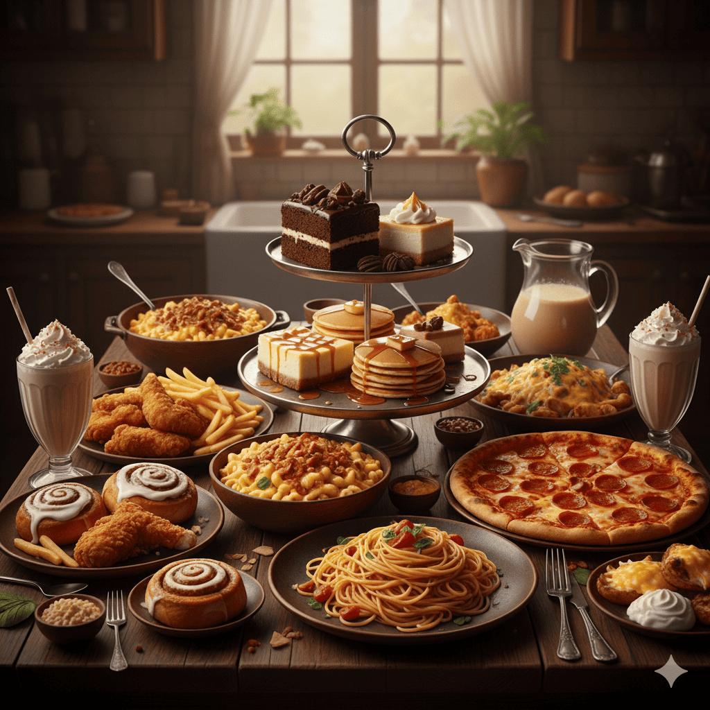 Mesa farta com uma variedade de pratos calóricos, incluindo pizza de calabresa, macarrão, fritas, frango frito, milkshakes, cinnamon rolls e uma travessa de bolos de chocolate, simbolizando receitas para um rápido ganho de peso.