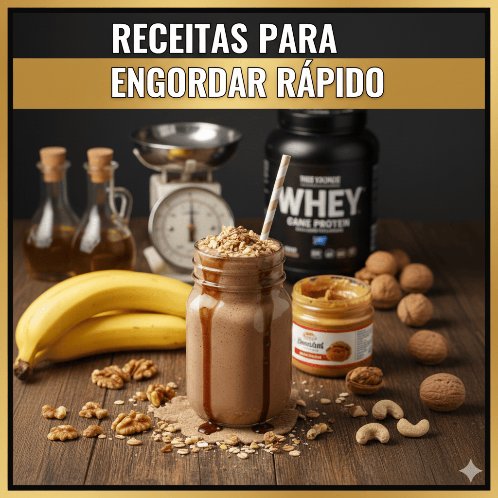 Uma imagem que apresenta um shake de proteína nutritivo em um copo de vidro com canudo e calda de chocolate, posicionado em uma superfície de madeira rústica. Ao redor do shake, há ingredientes como bananas, nozes variadas (caju e nozes), um pote de manteiga de amendoim, duas garrafas de azeite e uma balança de cozinha vintage. Ao fundo, um pote de whey protein preto e, no topo da imagem, o título "RECEITAS PARA ENGORDAR RÁPIDO" em letras brancas com contorno preto.