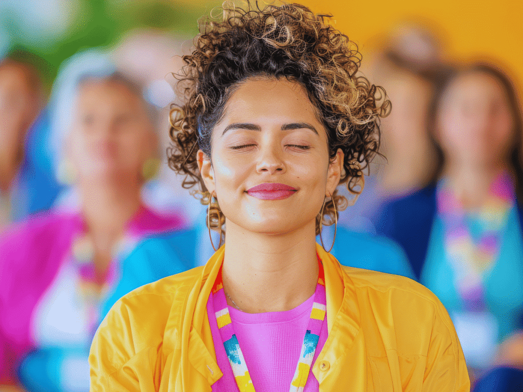Como Começar a Cuidar de Si Mesma - Foque na Sua Saúde de Dentro para Fora - mulher com os olhos fechados, leveza, sorrindo sutilmente, roupas coloridas, cabelo cacheado, sentindo leveza por se cuidar