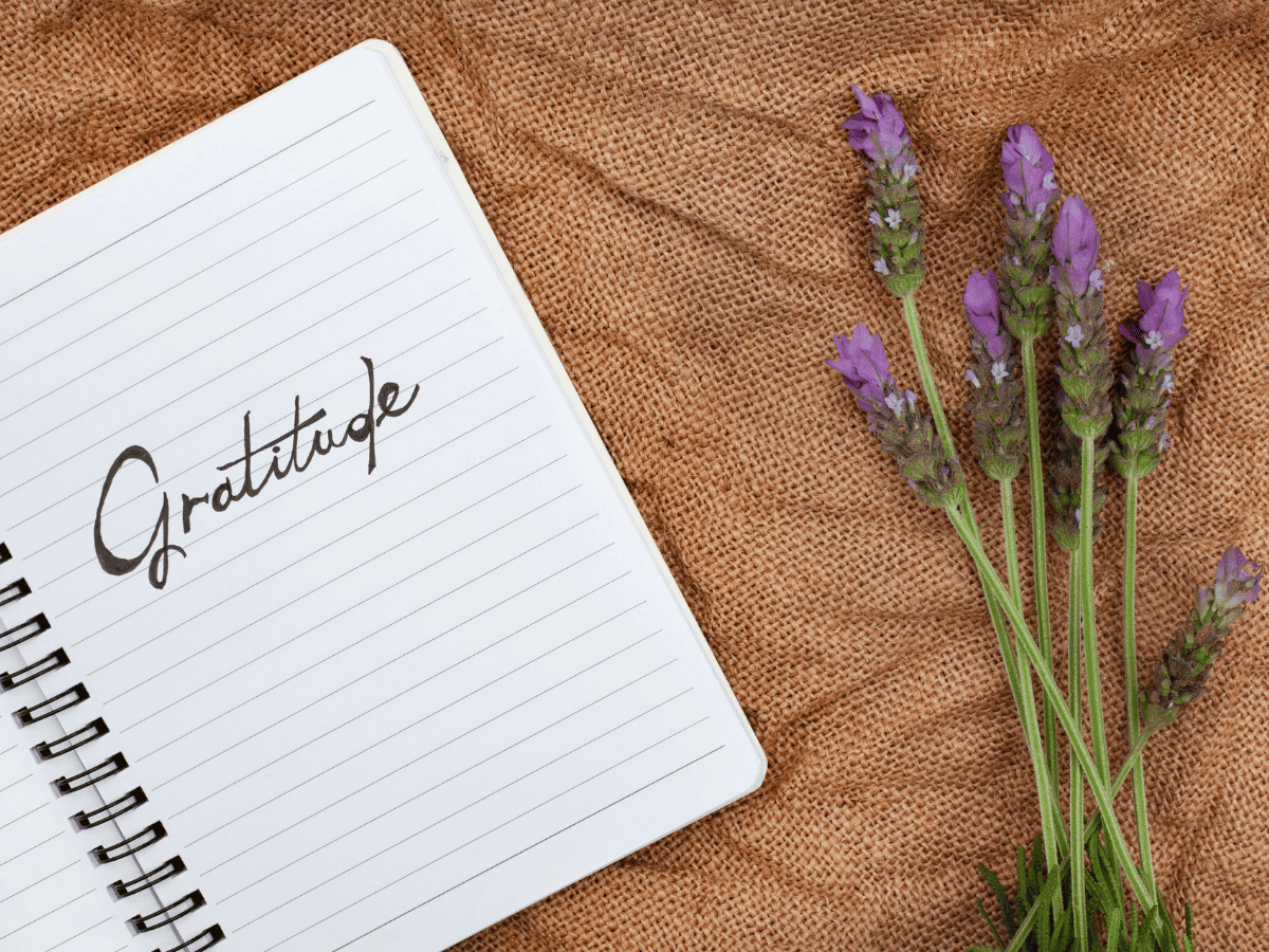 Como Exercitar a Gratidão Diariamente 15 Passos Simples Para Uma Vida Mais Feliz e Abundante - caderno escito gratitude e algumas flores ao lado representando a leveza que a gratidão trás para vida!