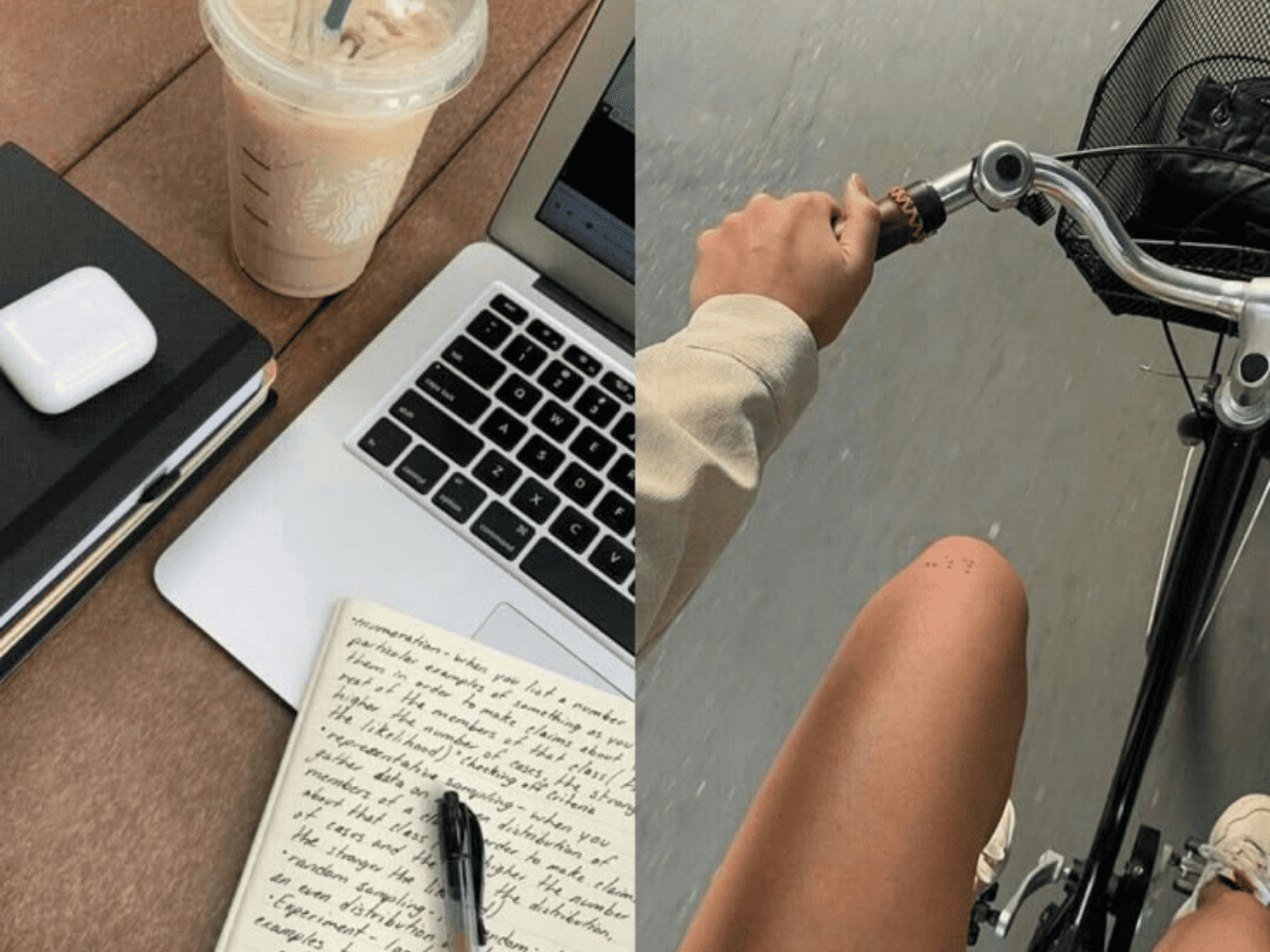 Como Viver uma Rotina Saudável 10 Dicas Infalíveis Para Transformar Seu Dia - imagem de uma mesa com café, um caderno com uma caneta, representando uma rotina produtiva e uma mulher andando de bicicleta, representando vida saudável.