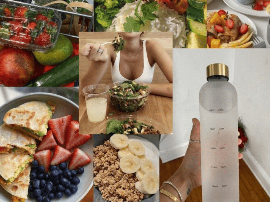 Como Viver uma Rotina Saudável - 2026 O Ano em Que Você Decide Recomeçar Por Você - imagem com uma montagem de fotos que inspiram o autocuidado, lanches saudáveis, garrafa de agua.