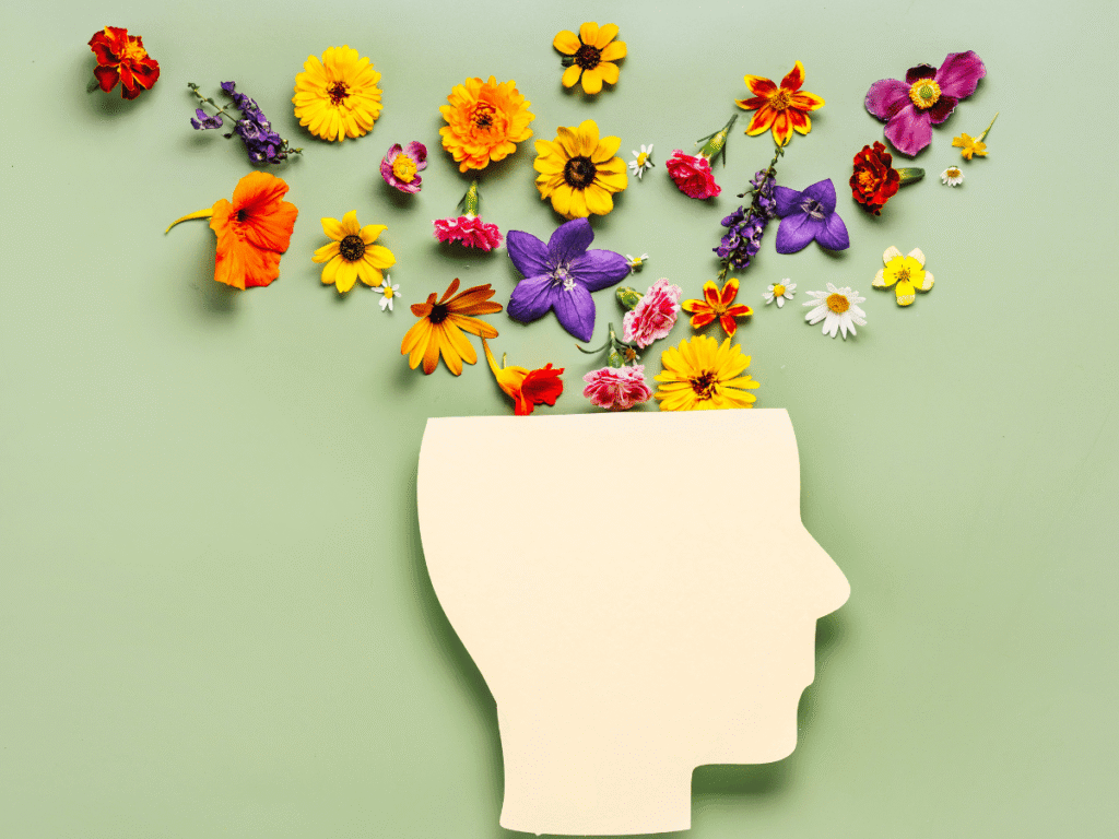 Como Viver uma Rotina Saudável - Saúde emocional faz parte da rotina saudável - imagem de uma cabeça e flores saindo de dentro dela, representando o autocuidado mental