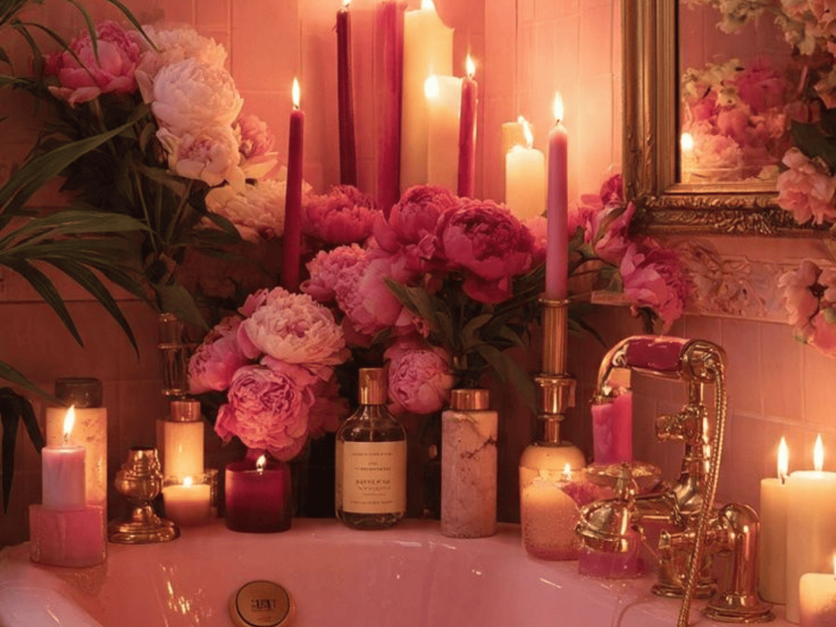 O guia do Banho Premium 5 produtos que transformam seu banheiro em um spa particular - imagem de uma banheira, com varias velas ao redor, flores, luz rosa, transparecendo sensação de conforto, autocuidado, e produtos de beleza ao redor para se cuidar.