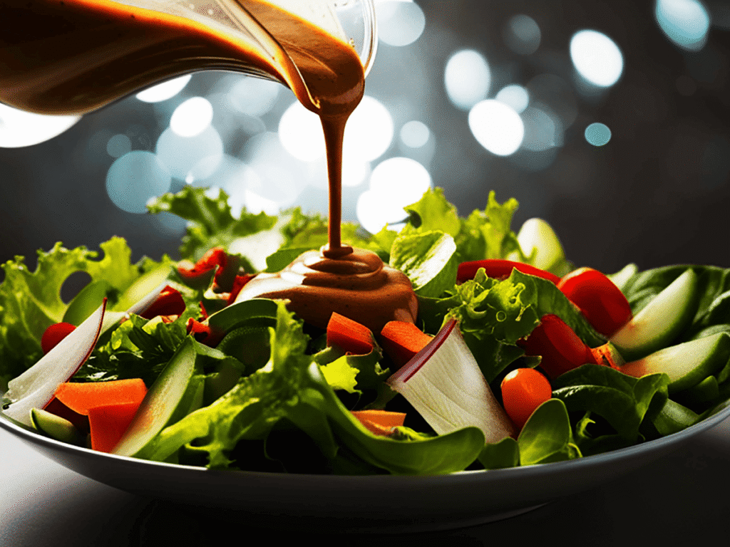 Por Que Você Não Emagrece Nem Comendo Apenas Salada - O Perigo Oculto dos Molhos e Acompanhamentos - prato de salada, com molho sendo adicionado.