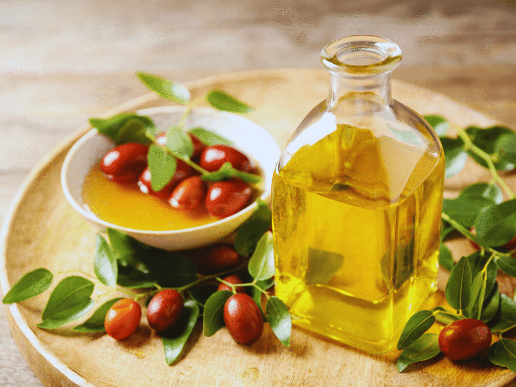 Óleos para Umectação Capilar - Óleo de Jojoba Óleos para Umectação Capilar - Óleo de Jojoba - imagem de um prato dentro tem uma cumbuca pequena com óleos e semente de jojoba e ao lado um frasco co óleo de jojoba e suas folhas ao lado.